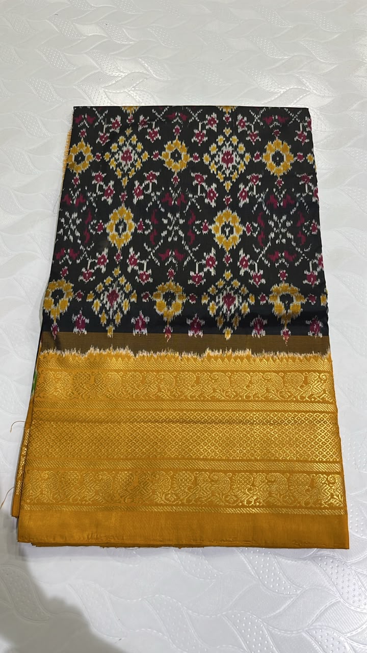 Elegant Black Pochampally Ikat Silk Saree with Mustard Yellow Kanchi Border