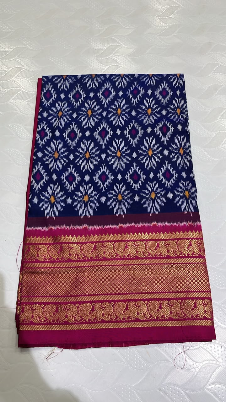 Royal Blue Pochampally Ikat Silk Saree with Magenta Pink Kanchi Border