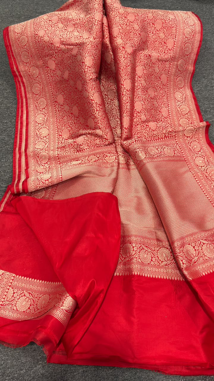 Crimson Red Banarasi Pure Katan Jangla Silk Saree