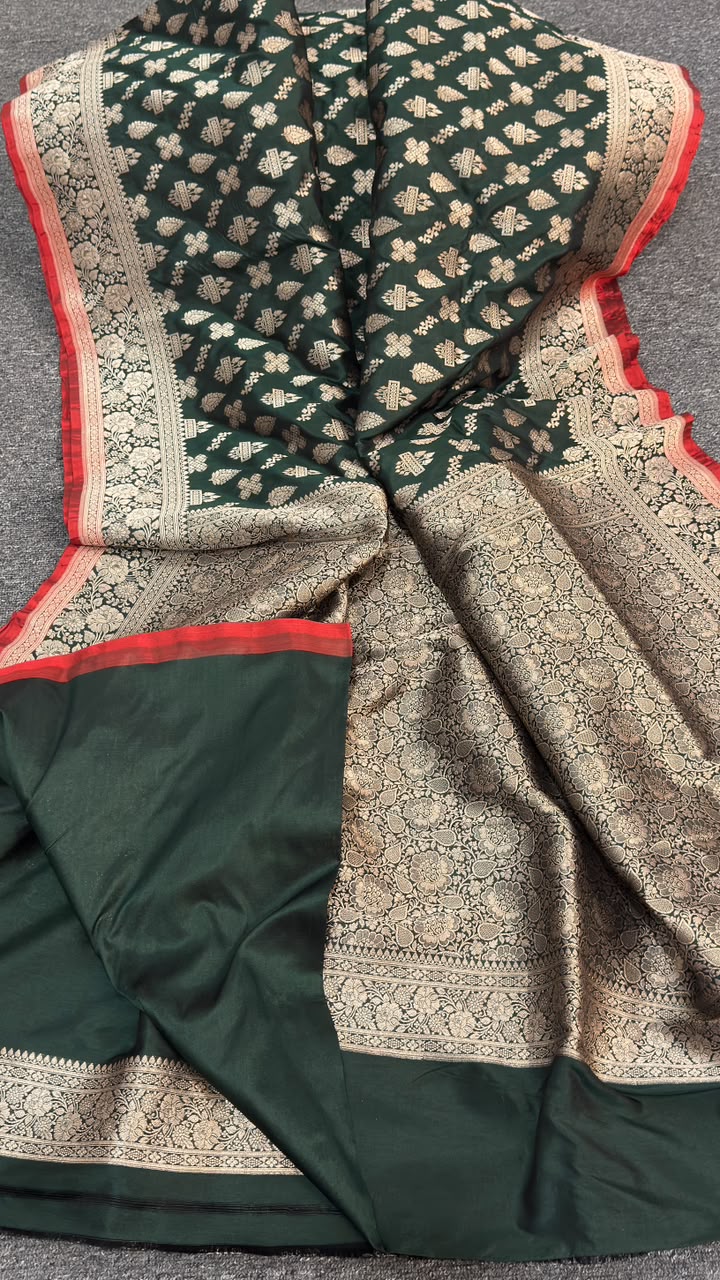 Dark Green Banarasi Pure Katan Jangla Silk Saree