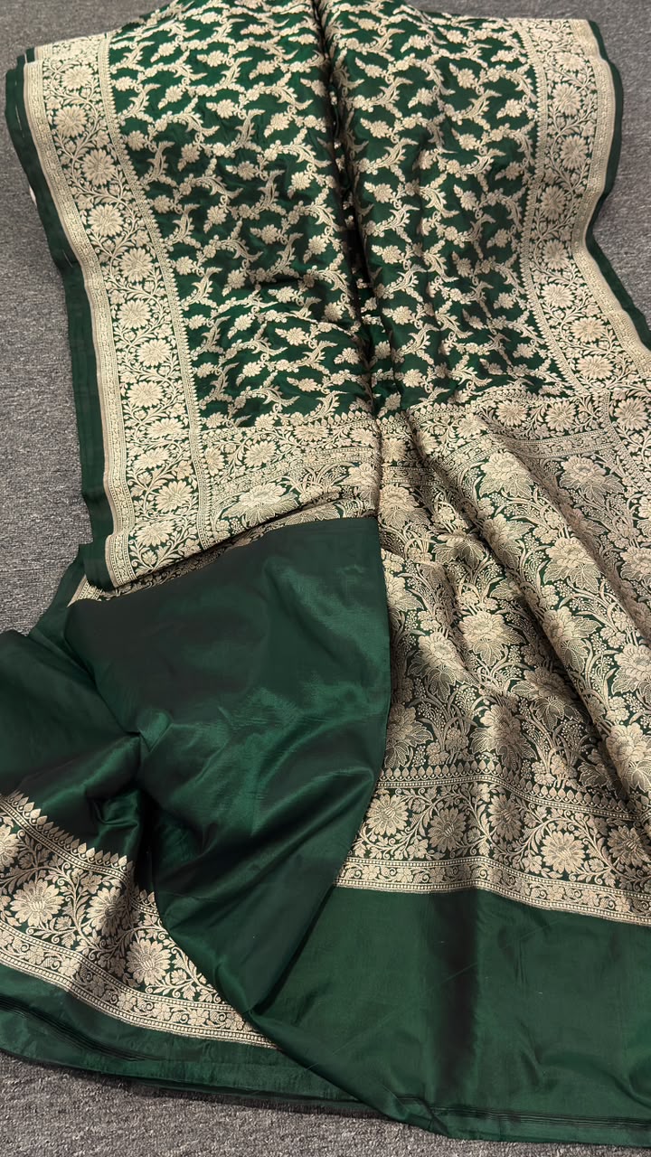 Dark Green Banarasi Pure Katan Jangla Silk Saree