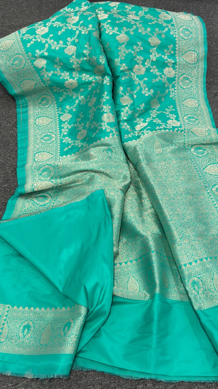 Sky Blue Banarasi Pure Katan Jangla Silk Saree with Silver Zari Floral Jaal