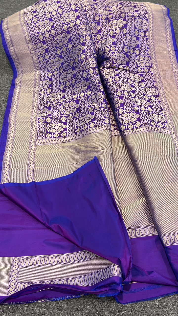 Purple Banarasi Pure Katan Jangla Silk Saree with Antique Gold Zari Geometric Floral Jaal