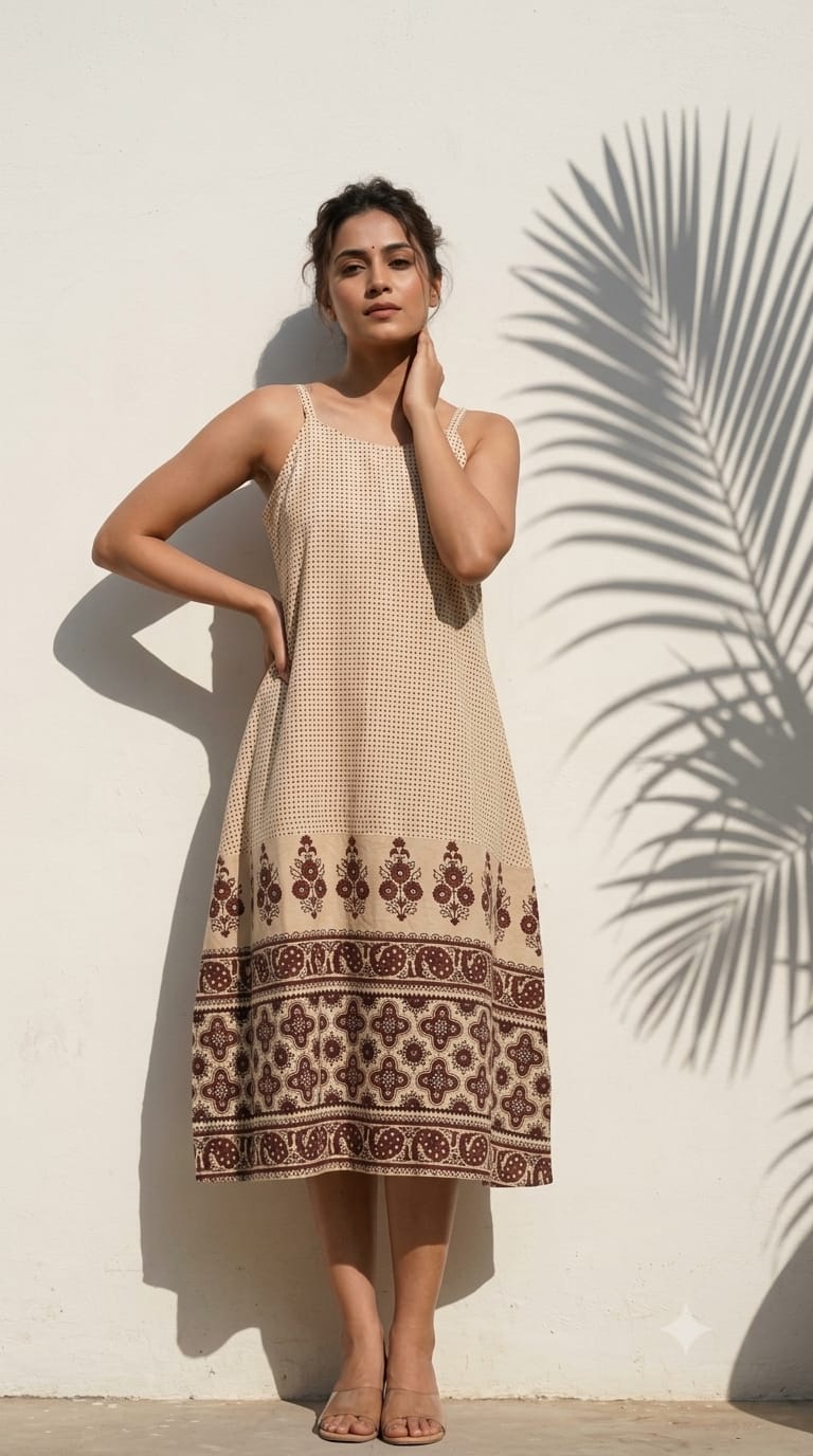 Beige Cotton Ajrakh with Traditional Hand Block Print Spaghetti Top