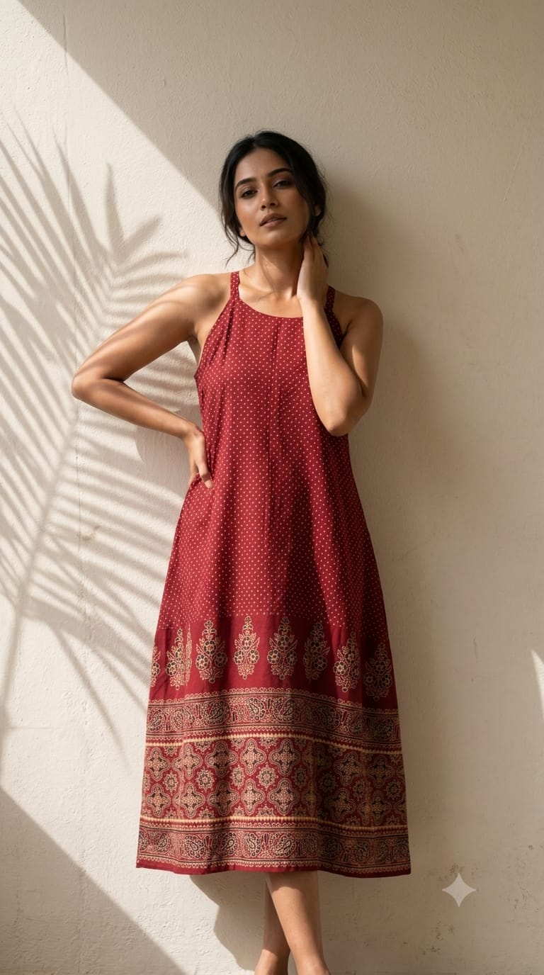Maroon Cotton Ajrakh Dress with Traditional Hand Block Print Spaghetti Top