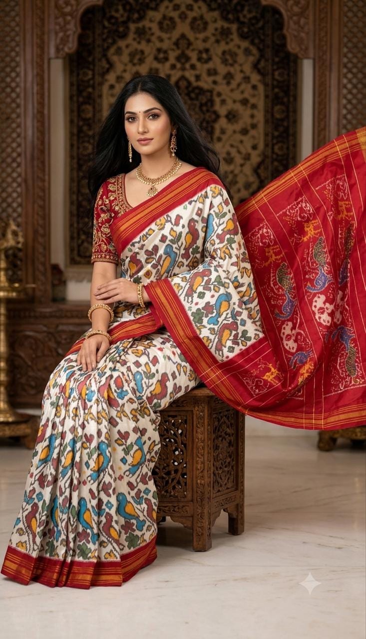 Off-White Pure Silk Patola Ikkat Saree with Motif Pallu