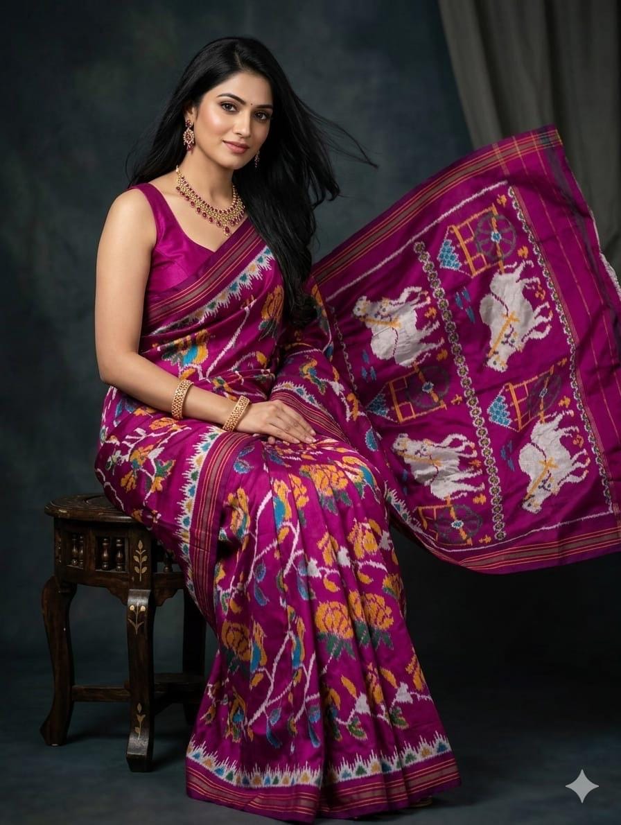 Magenta Purple Pure Silk Patola Ikkat Saree