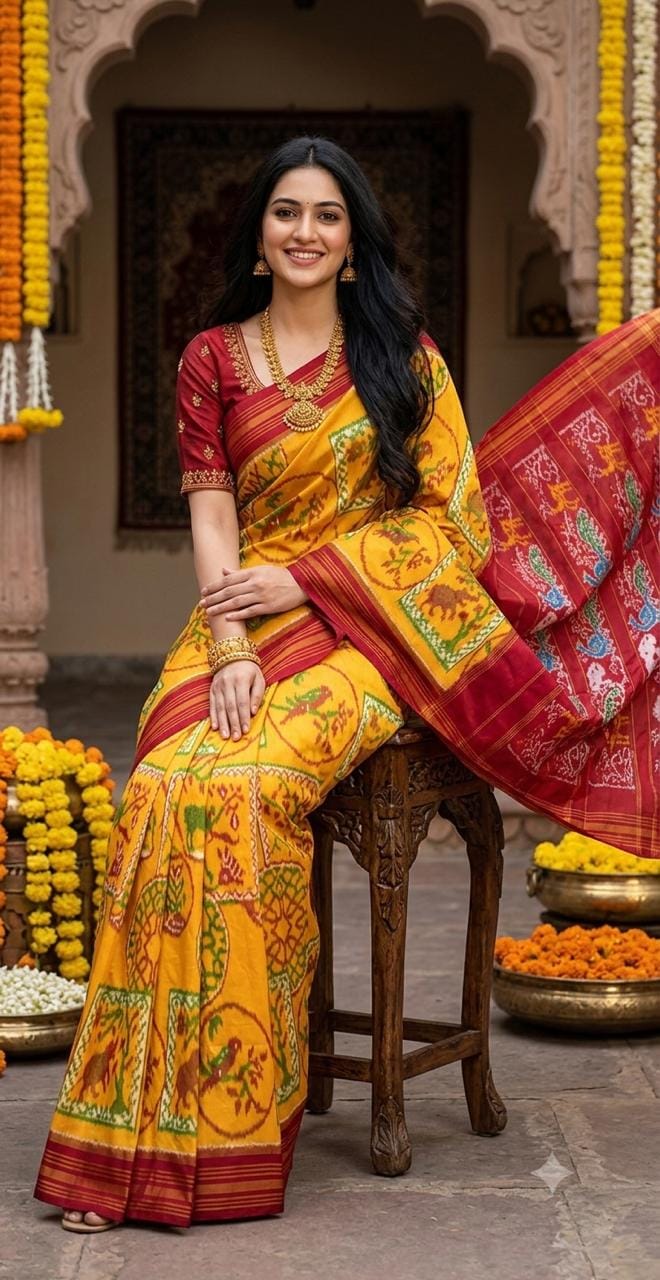 Mustard Yellow Pure Silk Patola Ikkat Saree with Motif Pallu