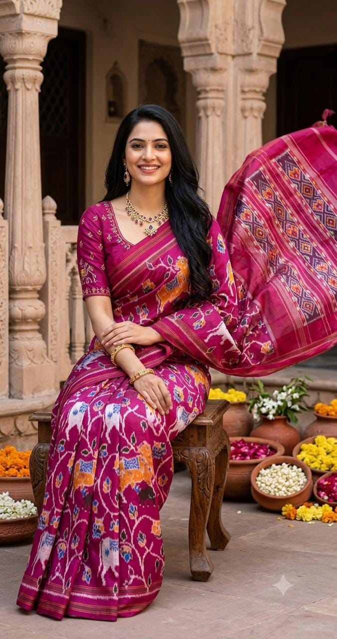 Magenta Violet Pure Silk Patola Ikkat Saree with Motif Silk Pallu