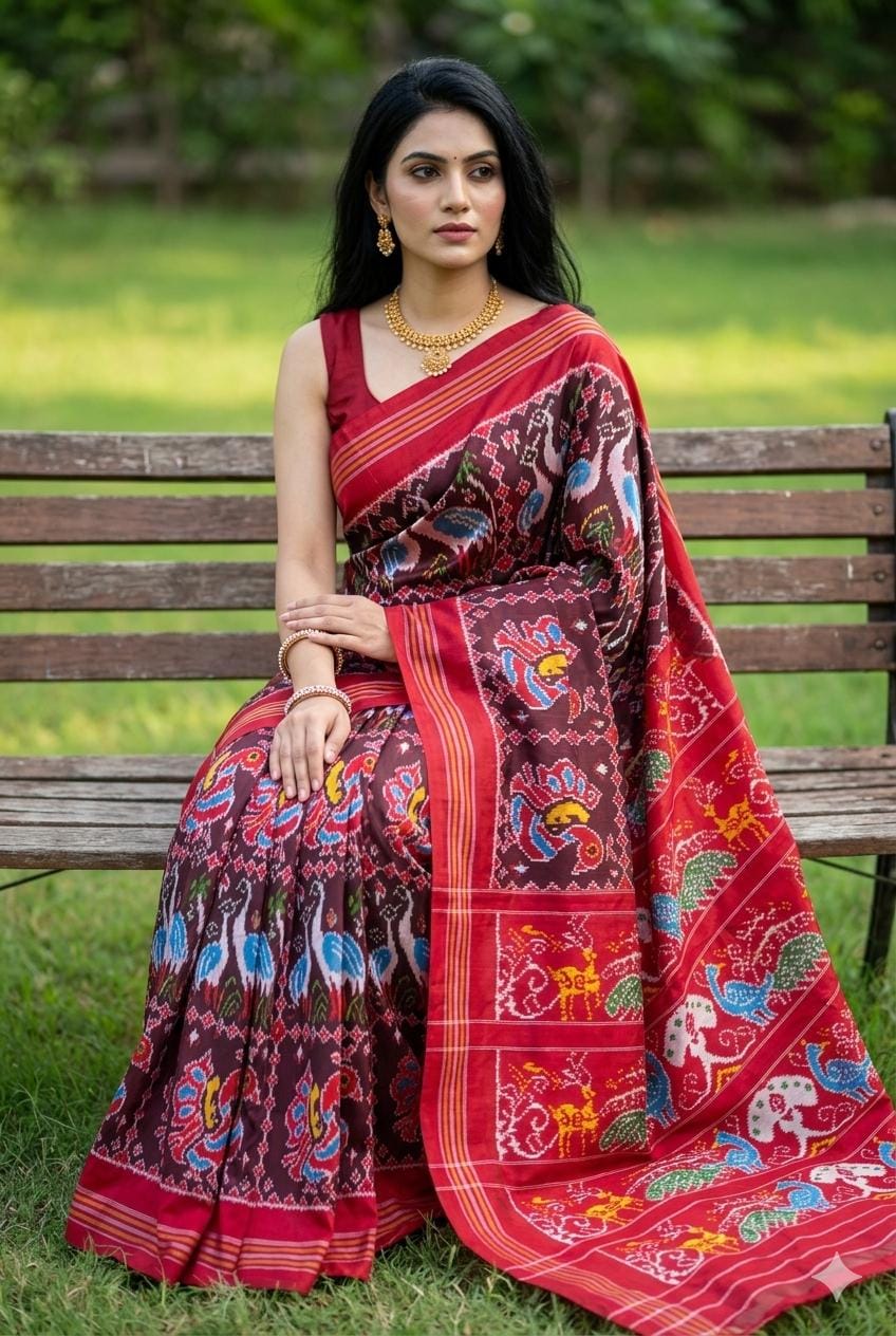 Coffee Brown Pure Silk Patola Ikkat Saree with Peacock Motif Pallu