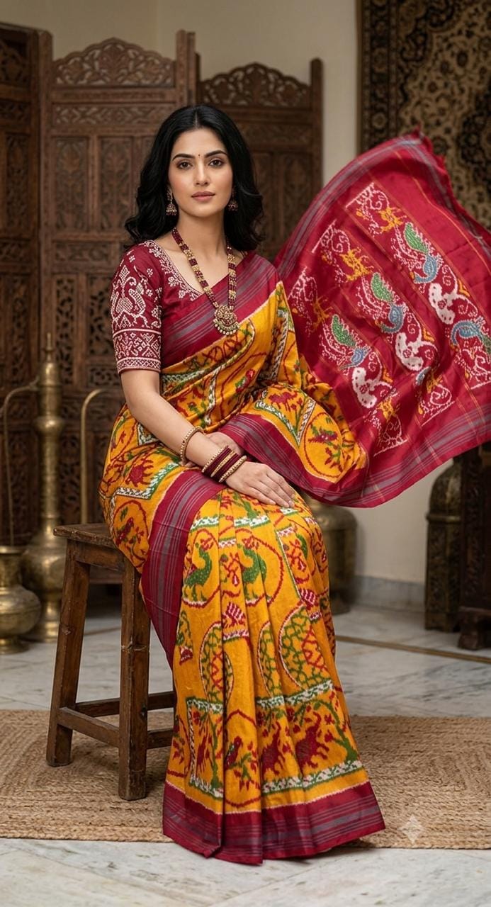 Mustard Yellow Pure Silk Patola Ikkat Saree with Maroon Red Motif Pallu