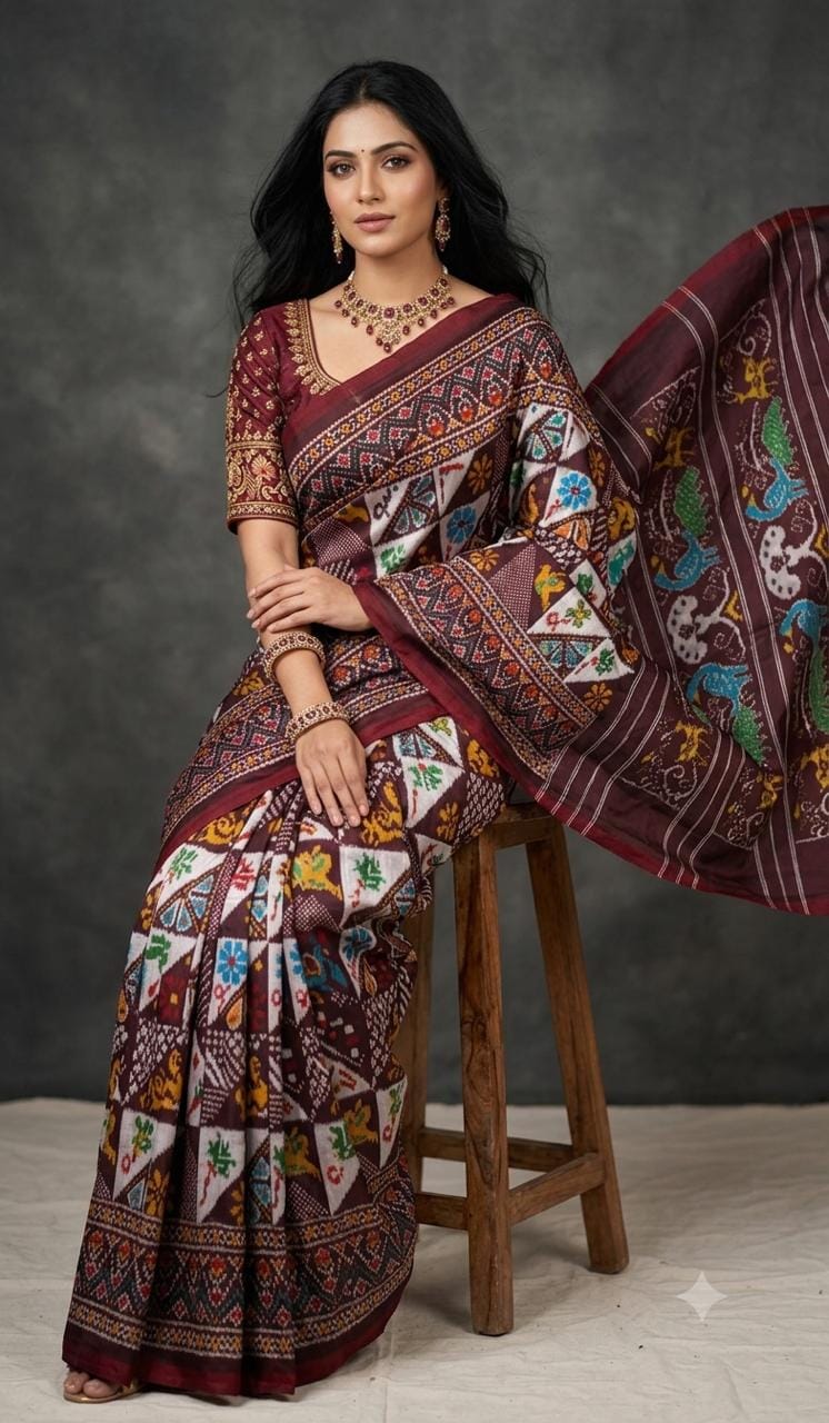 Coffee Brown Pure Silk Patola Ikkat Saree with Motif Pallu