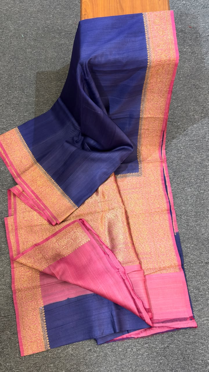 Handloom Banarasi Pure Tussar Silk Saree in Ink Blue and Pink Zari Border