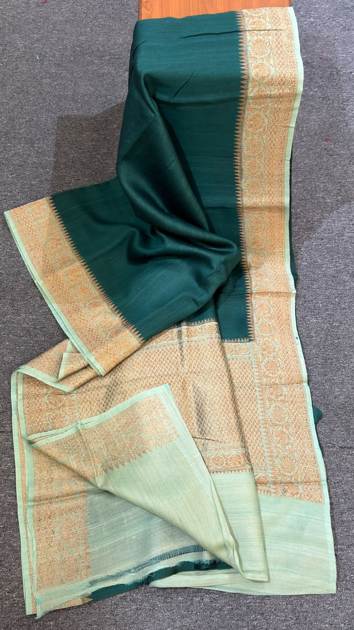 Bottle Green Banarasi Pure Tussar Silk Saree with Mint zari Border