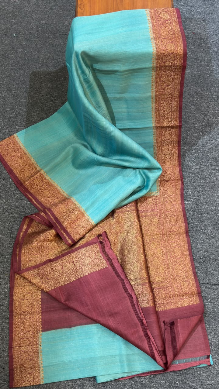 Handloom Banarasi Sky Blue Pure Tussar Silk Saree Maroon Contrast Zari Border