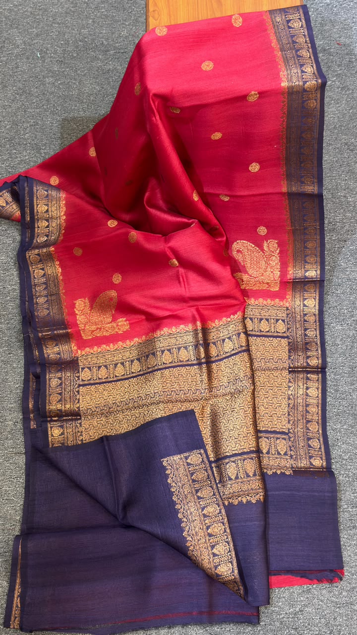 Reddish pink Pure Tussar Silk Saree with Zari Border