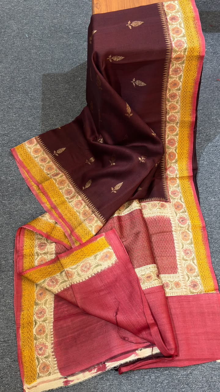 Dark Maroon Pure Tussar Silk Saree with Pink & Yellow Contrast Zari Borders
