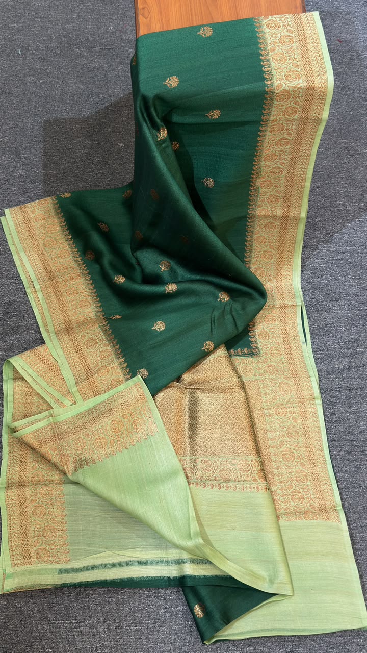 Emerald Green Pure Tussar Silk Saree with Contrast Zari Border
