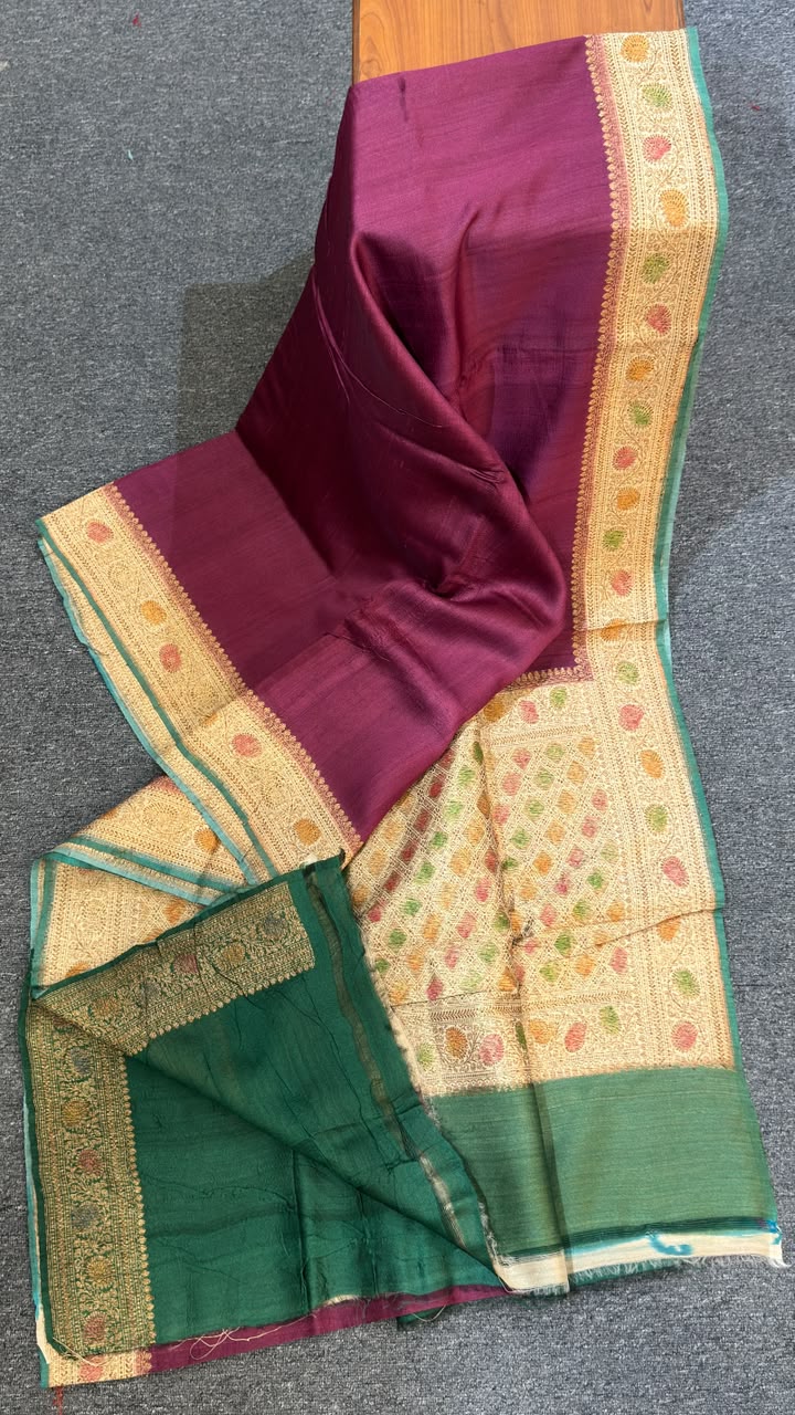 Plum Purple Pure Tussar Silk Saree with Cream & Green Zari Border