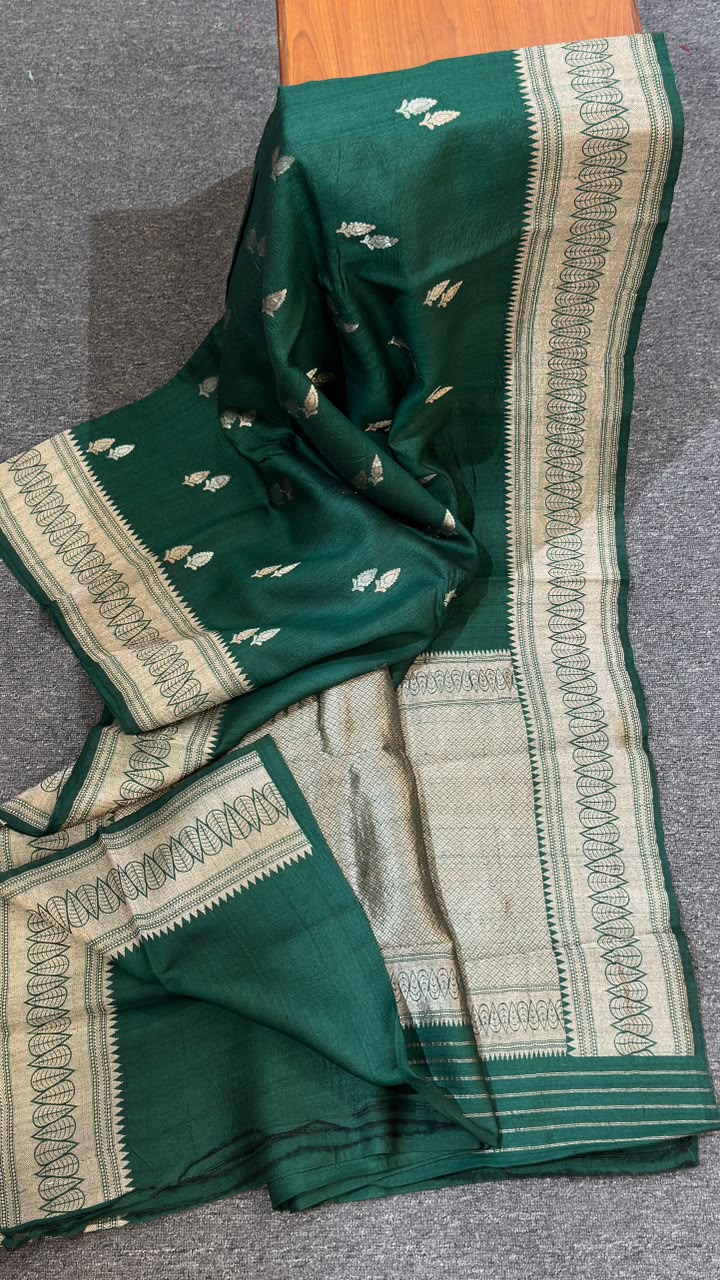 Deep Forest Green Pure Tussar Silk Saree with Silver Zari Border