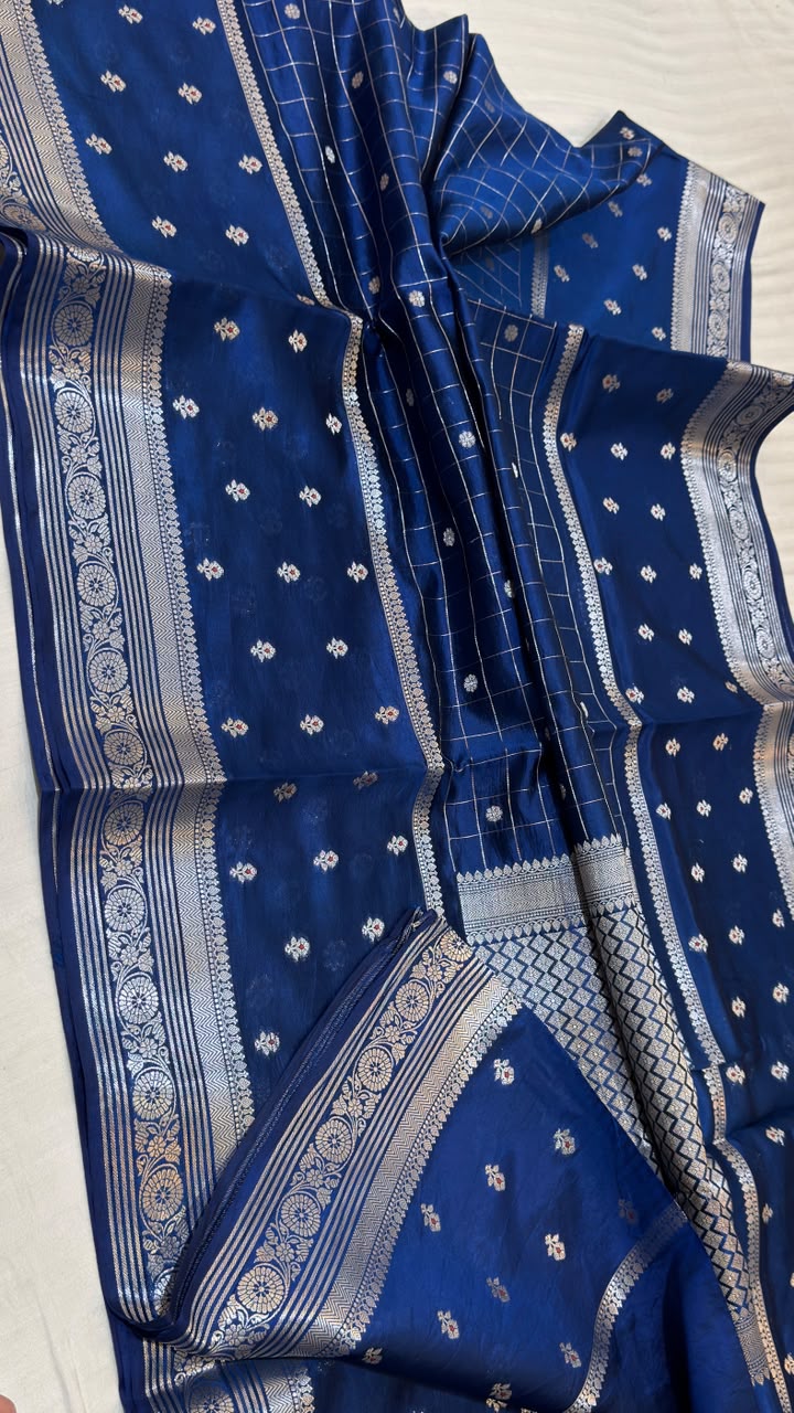 Ink Blue Raw Mango Katan Silk Banarasi Saree with Silver Zari Border & Grid Pallu