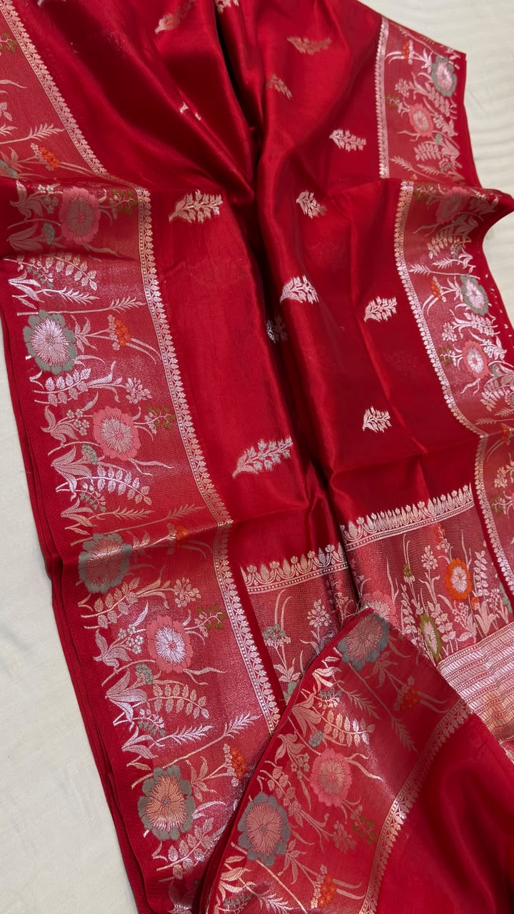 Crimson Red Raw Mango Katan Silk Banarasi Saree with Silver Zari & l Pink Pallu