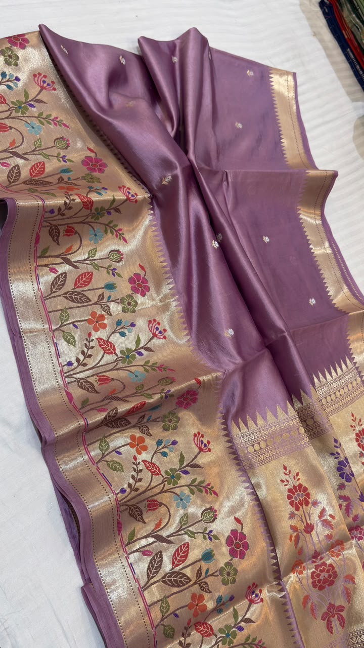 Mauve Lavender Raw Mango Katan Silk Banarasi Saree with Multicolor Pallu