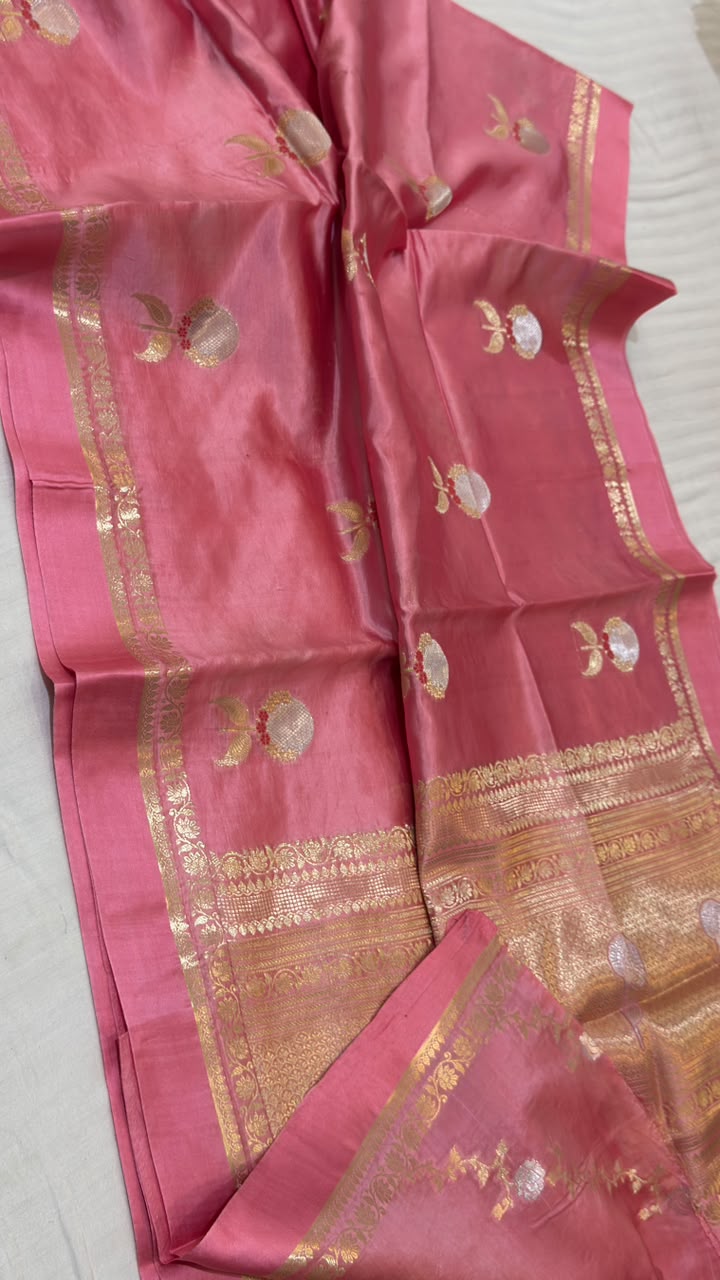 Pastel Pink Raw Mango Katan Silk Banarasi Saree with Gold Zari & Silver Motif Pallu