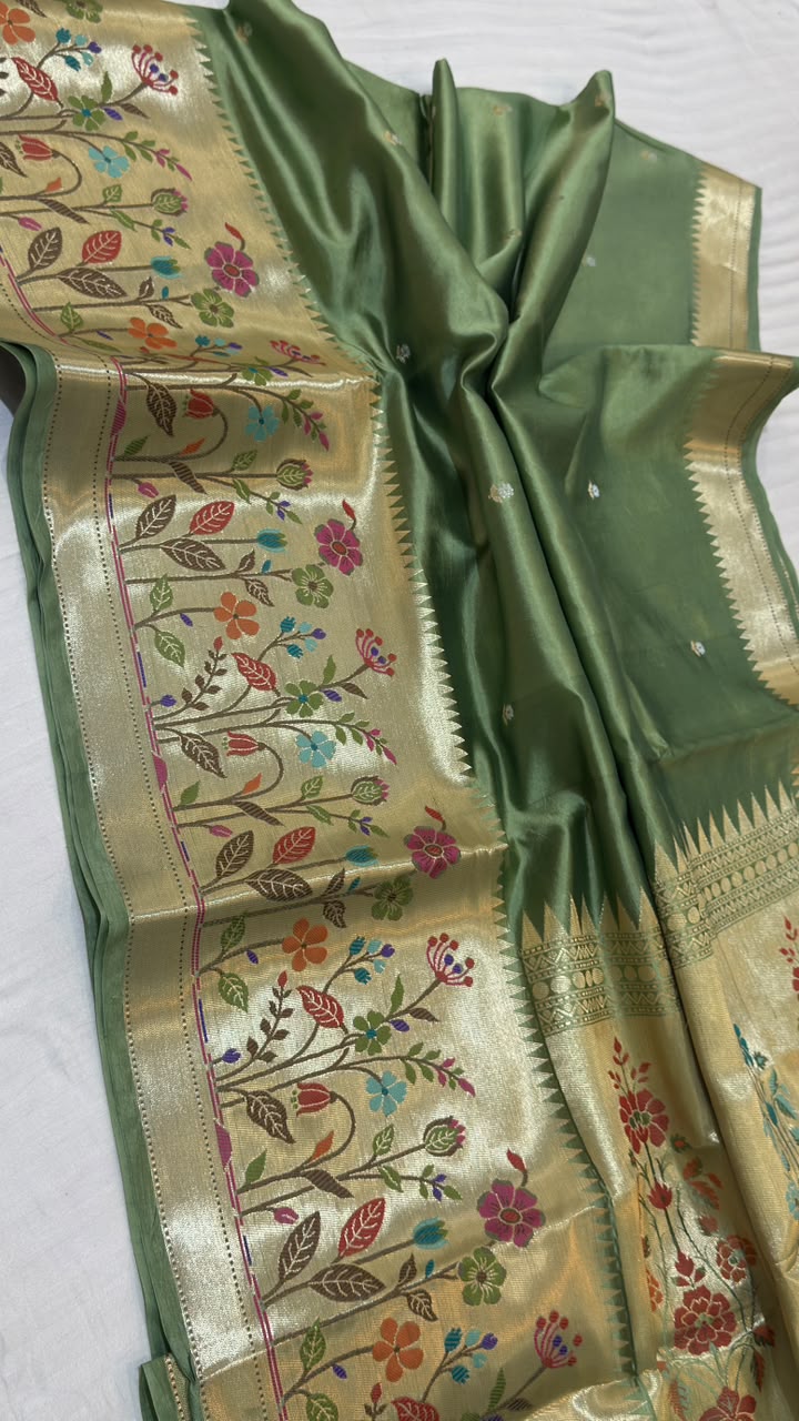 Olive Green Raw Mango Katan Silk Banarasi Saree with Gold Zari Pallu