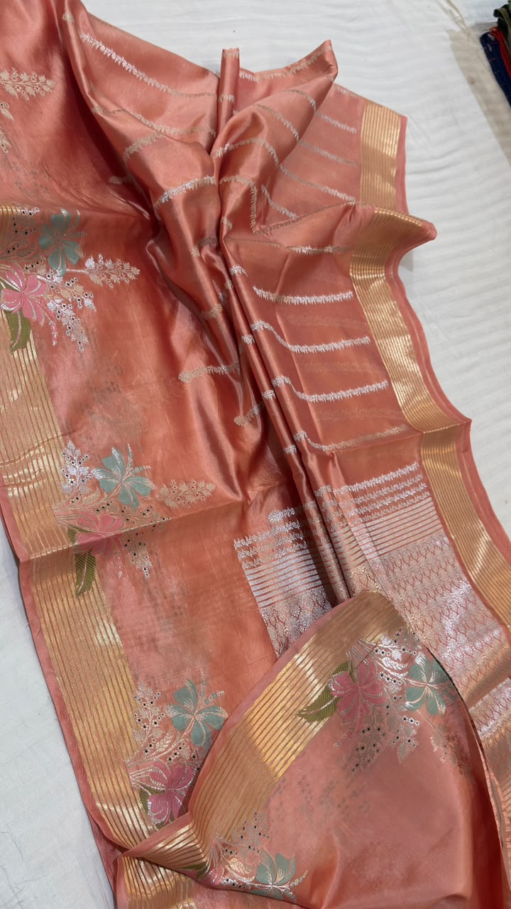 Coral Peach Raw Mango Katan Silk Banarasi Saree with Minakari Cutwork Pallu