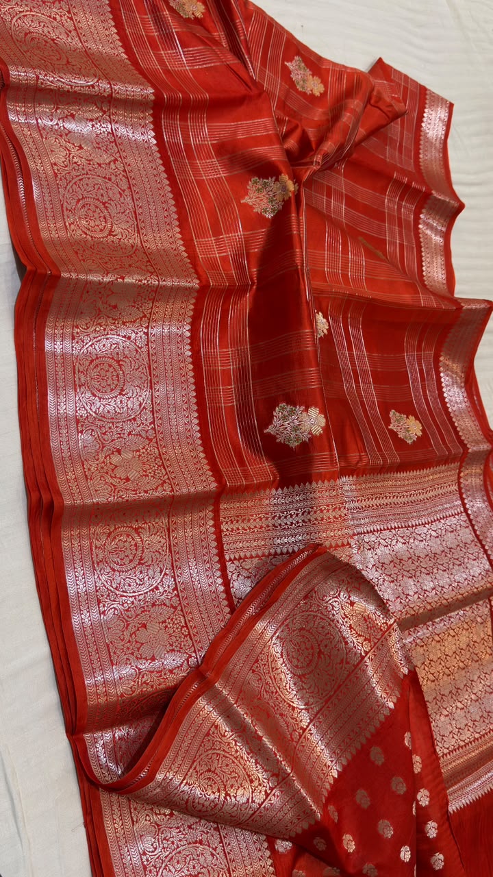Vermilion Red Raw Mango Katan Silk Banarasi Saree Silver Zari Border & Graphic Pallu
