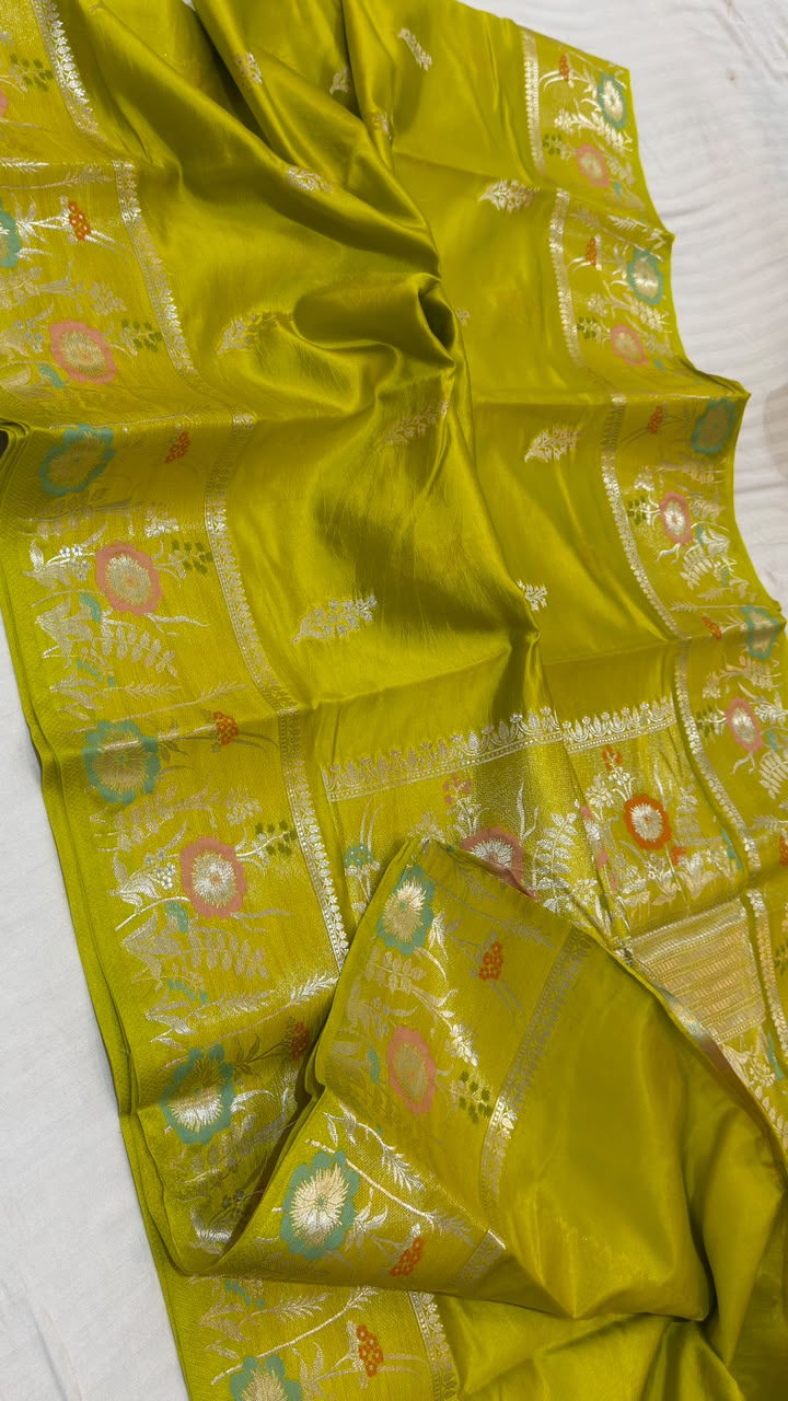Lime Green Raw Mango Katan Silk Banarasi Saree with Silver Zari & Floral Pallu