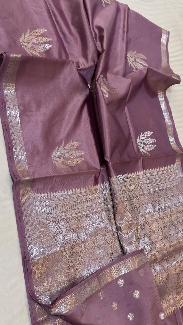 Dusty Raw Mango Katan Silk Banarasi Saree with Silver Zari Motif & Diamond Pallu