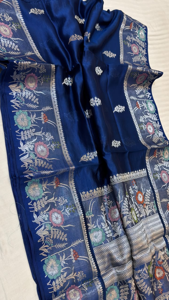 Royal Blue Raw Mango Katan Silk Banarasi Saree with Silver Zari & Tree Pallu
