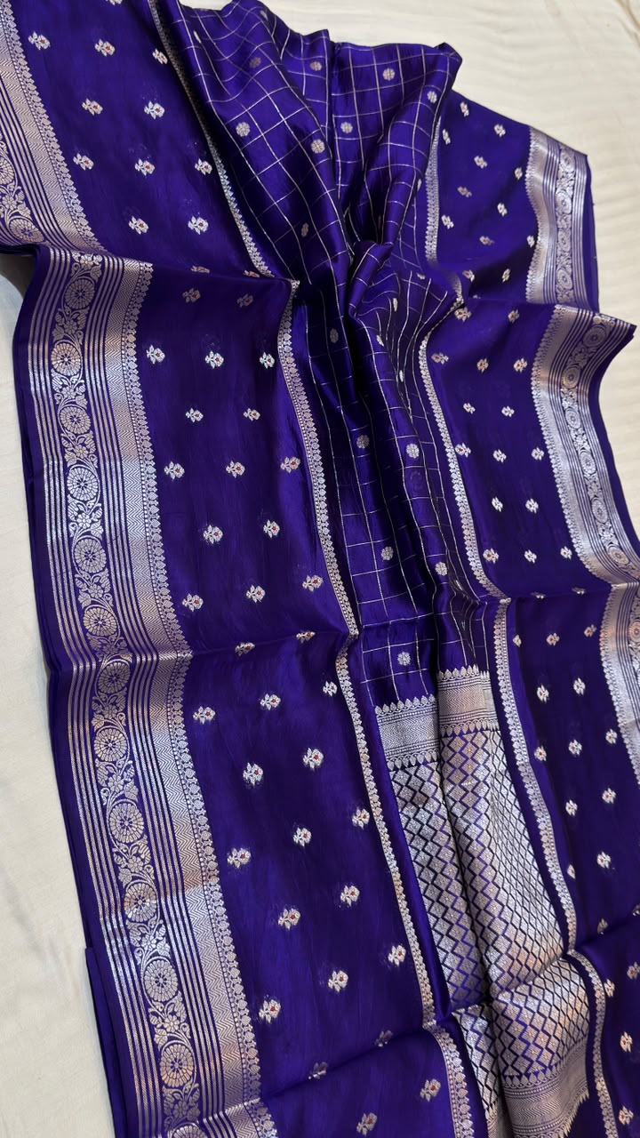 IndigoBlue Raw Mango Katan Silk Banarasi Saree with Silver Zari Border & Grid Pallu
