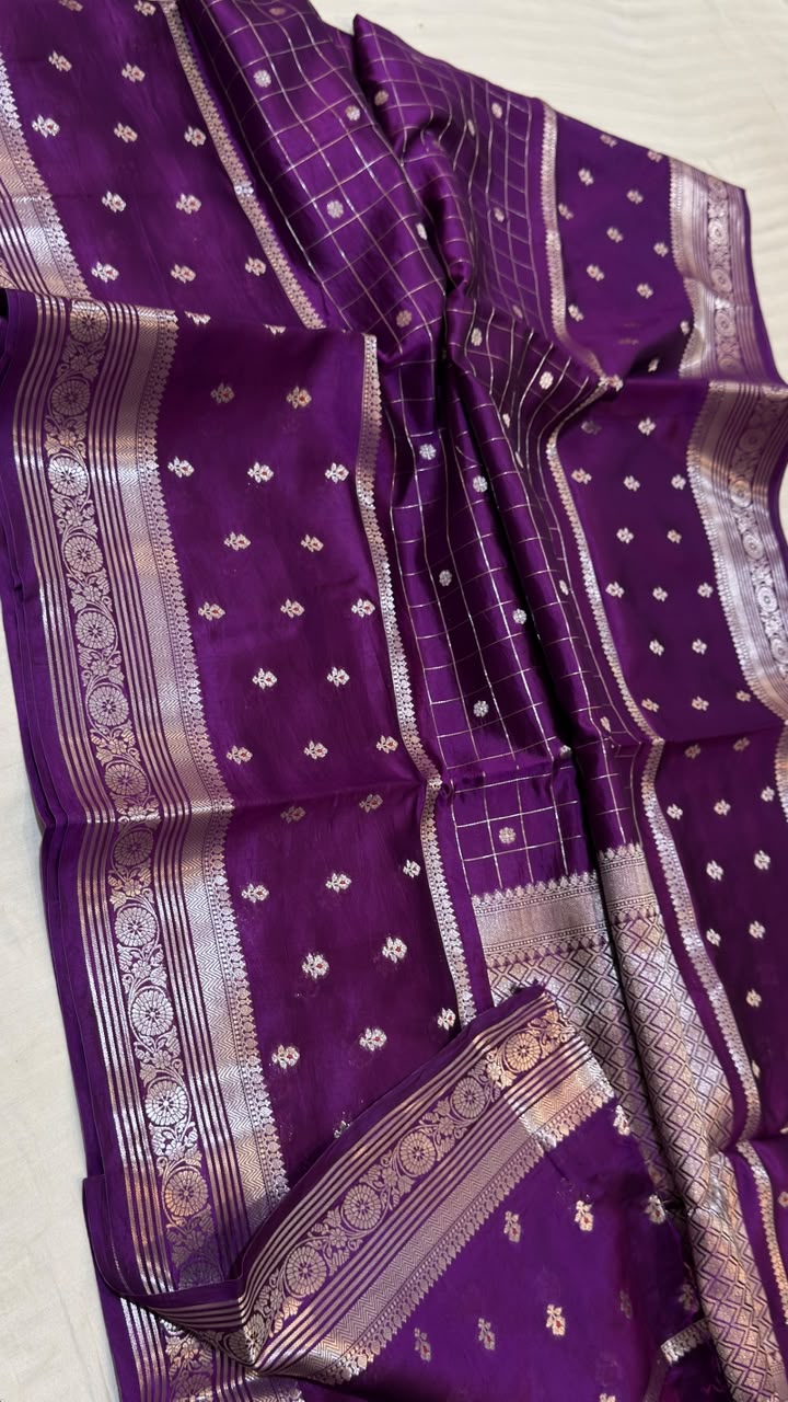 Deep Purple Raw Mango Katan Silk Banarasi Saree with Silver Zari Border & Grid Pallu