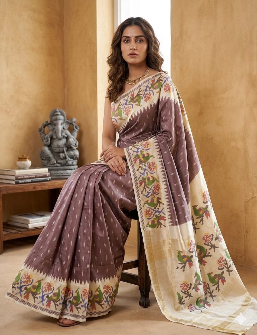 Mauve Ikkat Exclusive Silk Saree with Border Traditional Pallu