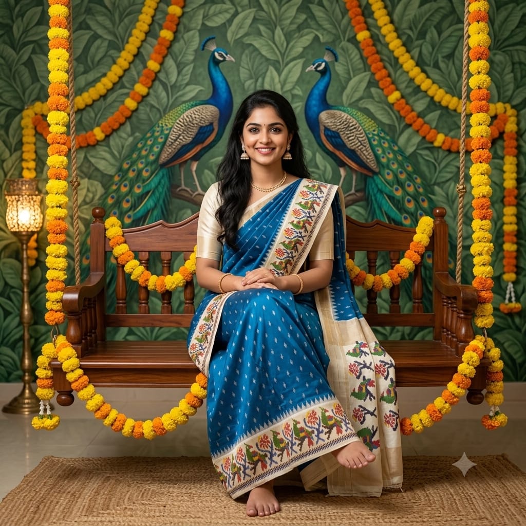 Blue Ikkat Exclusive Silk Saree with Multicolored Border Pallu