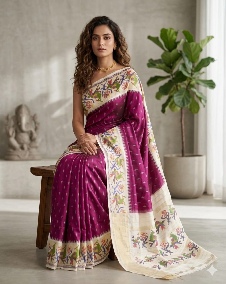 Magenta Ikkat Exclusive Silk Saree with Multicolored Border and Pallu
