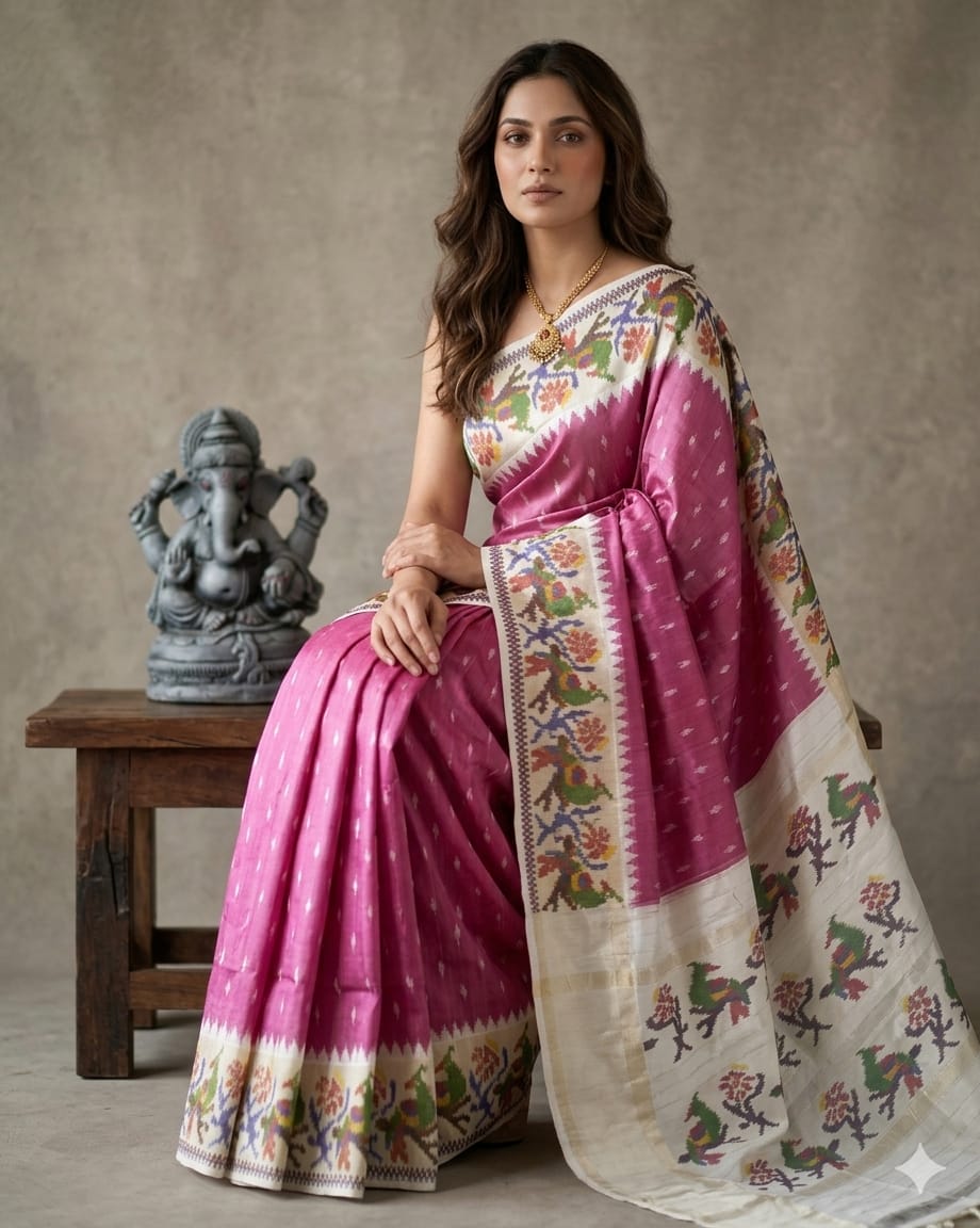 Vibrant Pink Ikkat Exclusive Silk Saree with Multicolored Border and Artistic Pallu