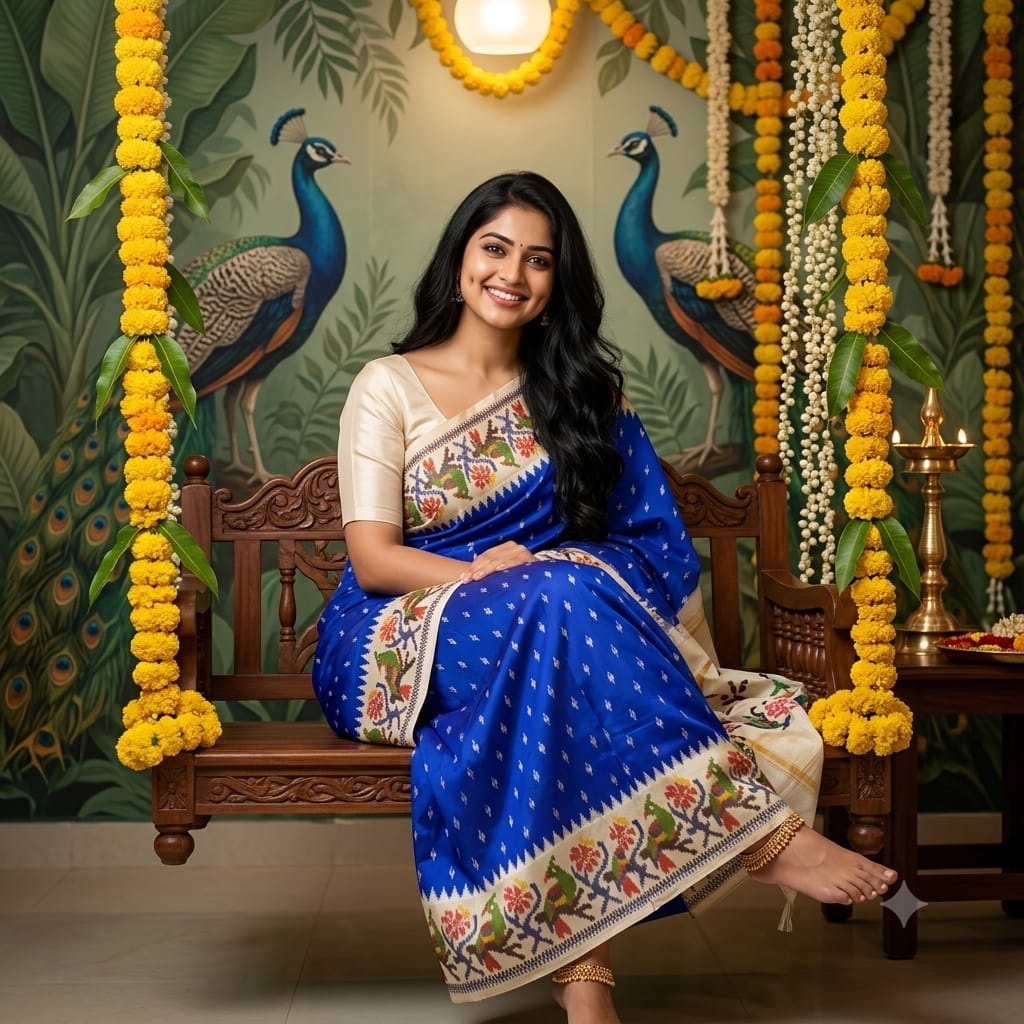 Royal Blue Ikkat Exclusive Silk Saree with Multicolored Border and Traditional Pallu