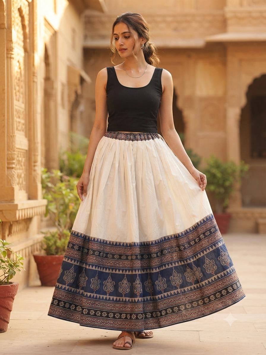 Off White Ikkat Exclusive Silk Skirt with Natural Ajrakh Border