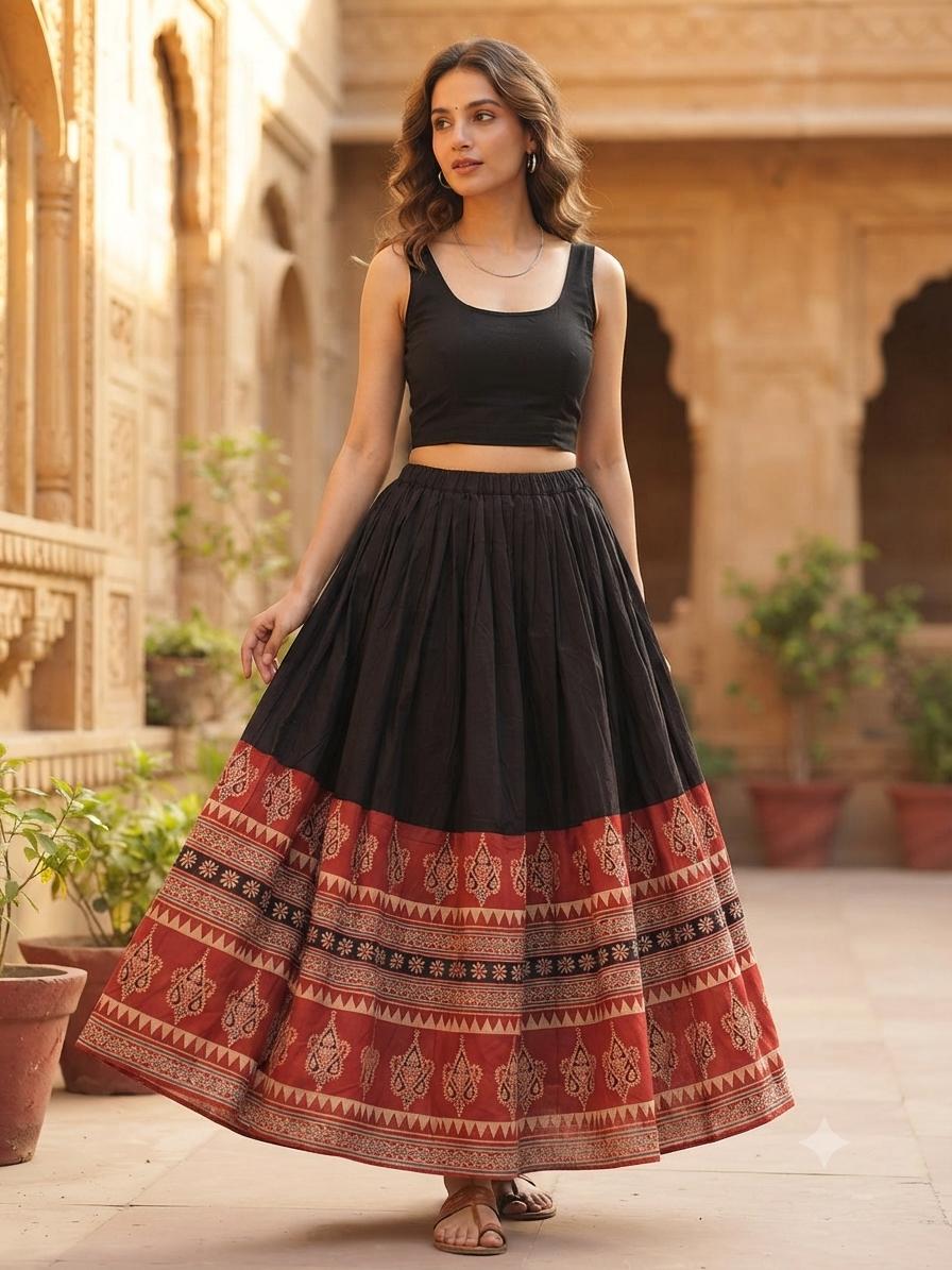 Black Ikkat Exclusive Silk Skirt with Natural Ajrakh Hand Block Printed Border