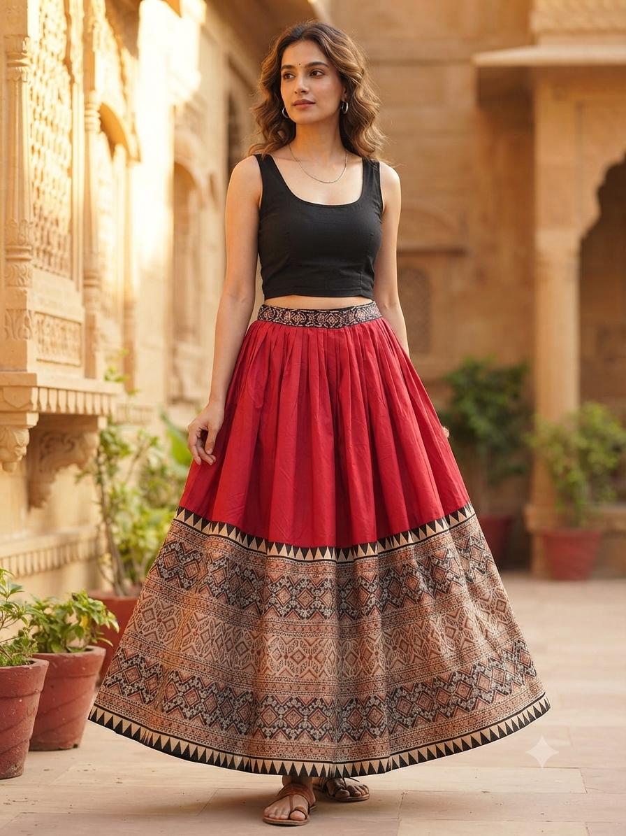 Crimson Red Skirt with Ajrakh Maroon Printed Border