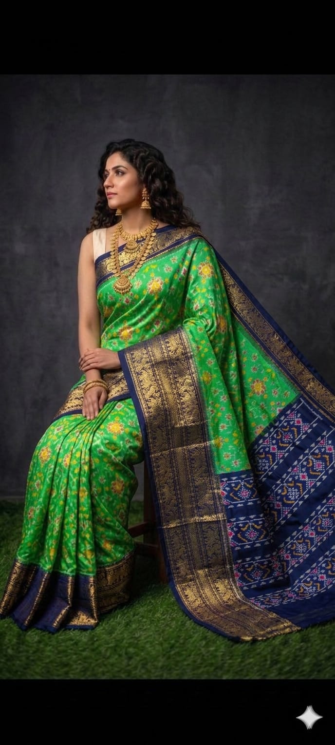 Parrot Green Pochampally Ikkat Silk Saree with Contrast Navy Blue Pallu And Kanchi Border