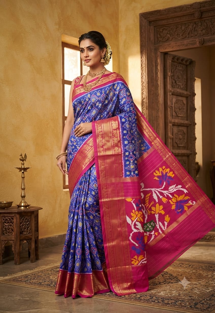 Virant Blue Pochampally Ikkat Silk Saree with Rani Pink Pallu And Kanchi Border
