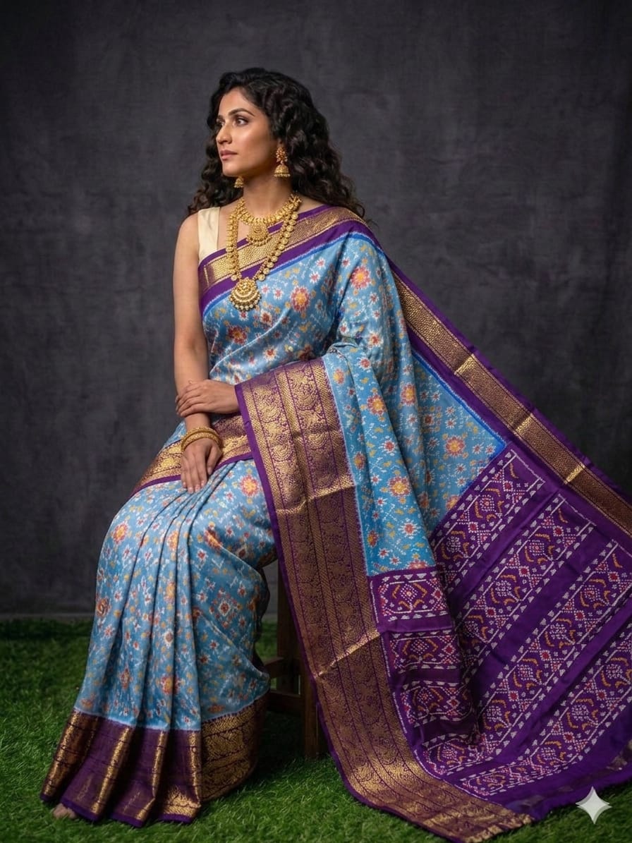 Aqua Blue Pochampally Ikkat Silk Saree with Deep Purple Kanchi Border