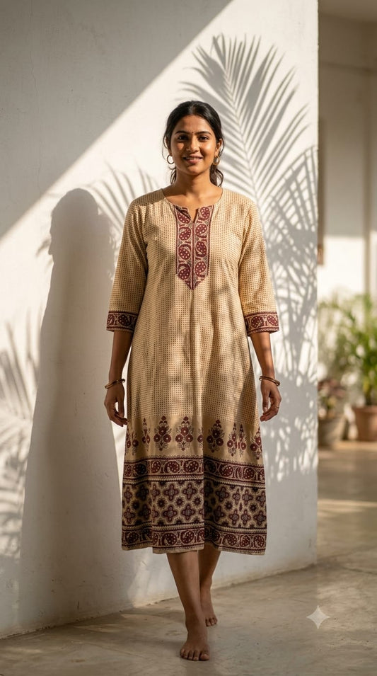 Cotton Ajrakh in Ivory Beige And Black Printed Midi Dress