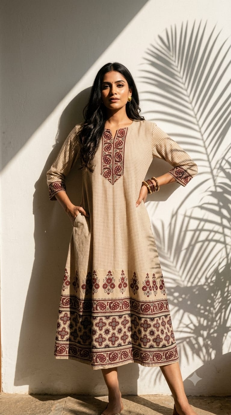 Cotton Ajrakh in Ivory Beige And Black Printed Midi Dress
