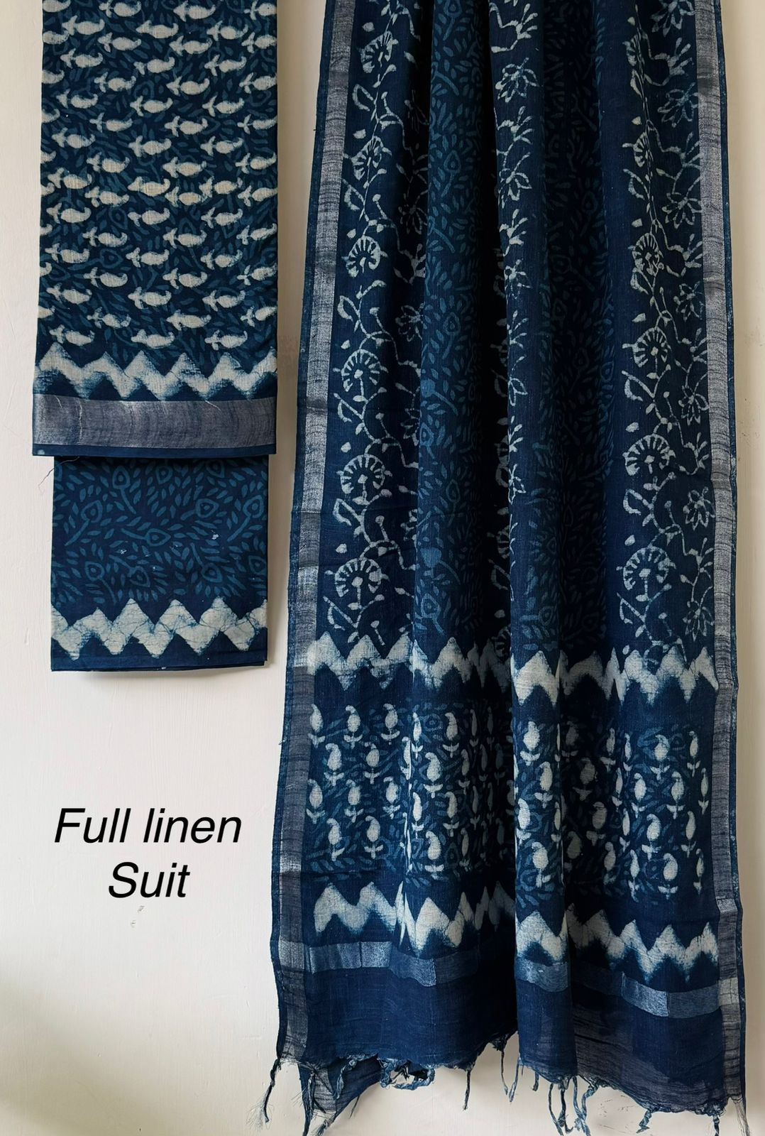 Elegant Linen Hand Block Material Indigo Blue Print Dress